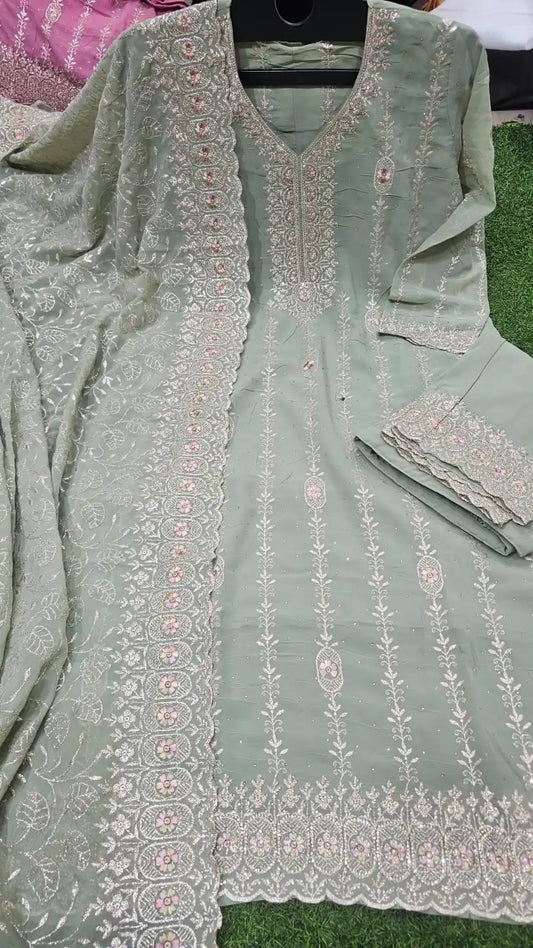 PAKISTANI STYLE EMB JARJET SUIT READYMADE WITH HEAVY CUT WORK DUPATA