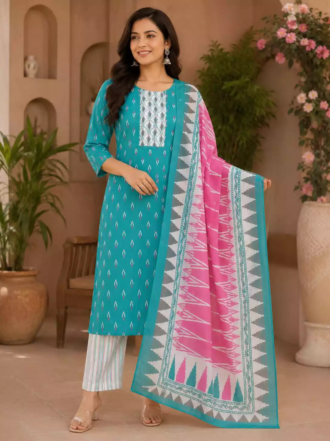 Sky blue cotton pant set featuring traditional cotton top, straight pants, and a printed dupatta.