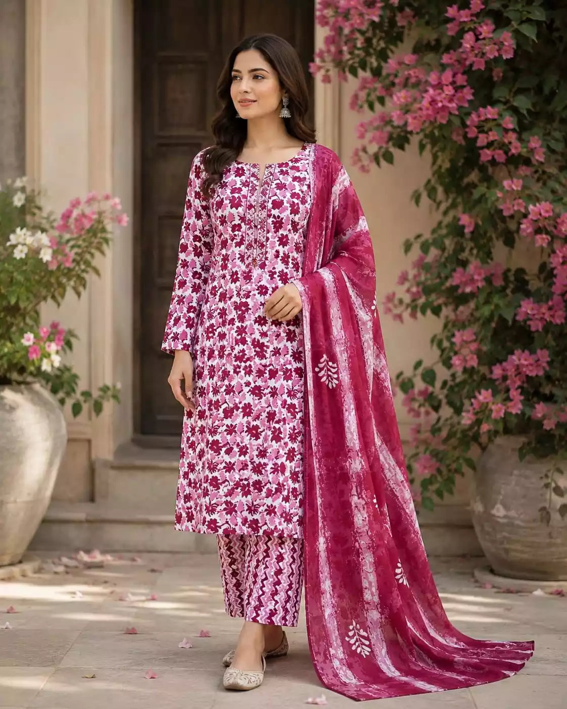 Wine ethnic printed pant set featuring a cotton top, straight pants, and a full-size printed dupatta.