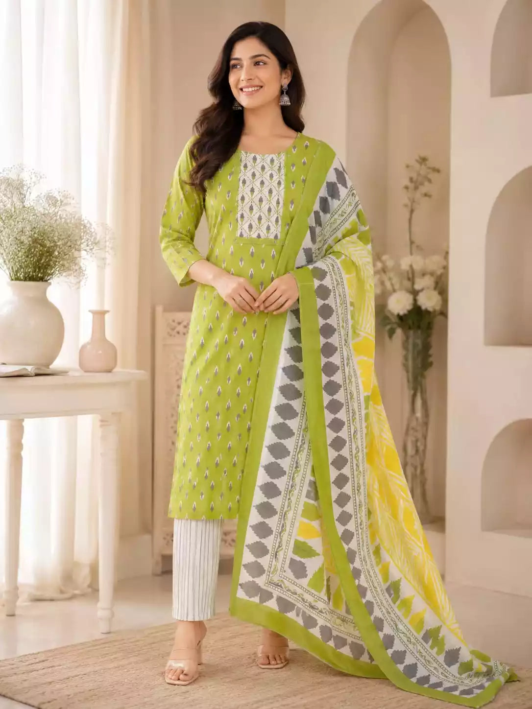 Parrot green ethnic cotton pant set featuring a straight-cut top, matching pants, and a printed dupatta.