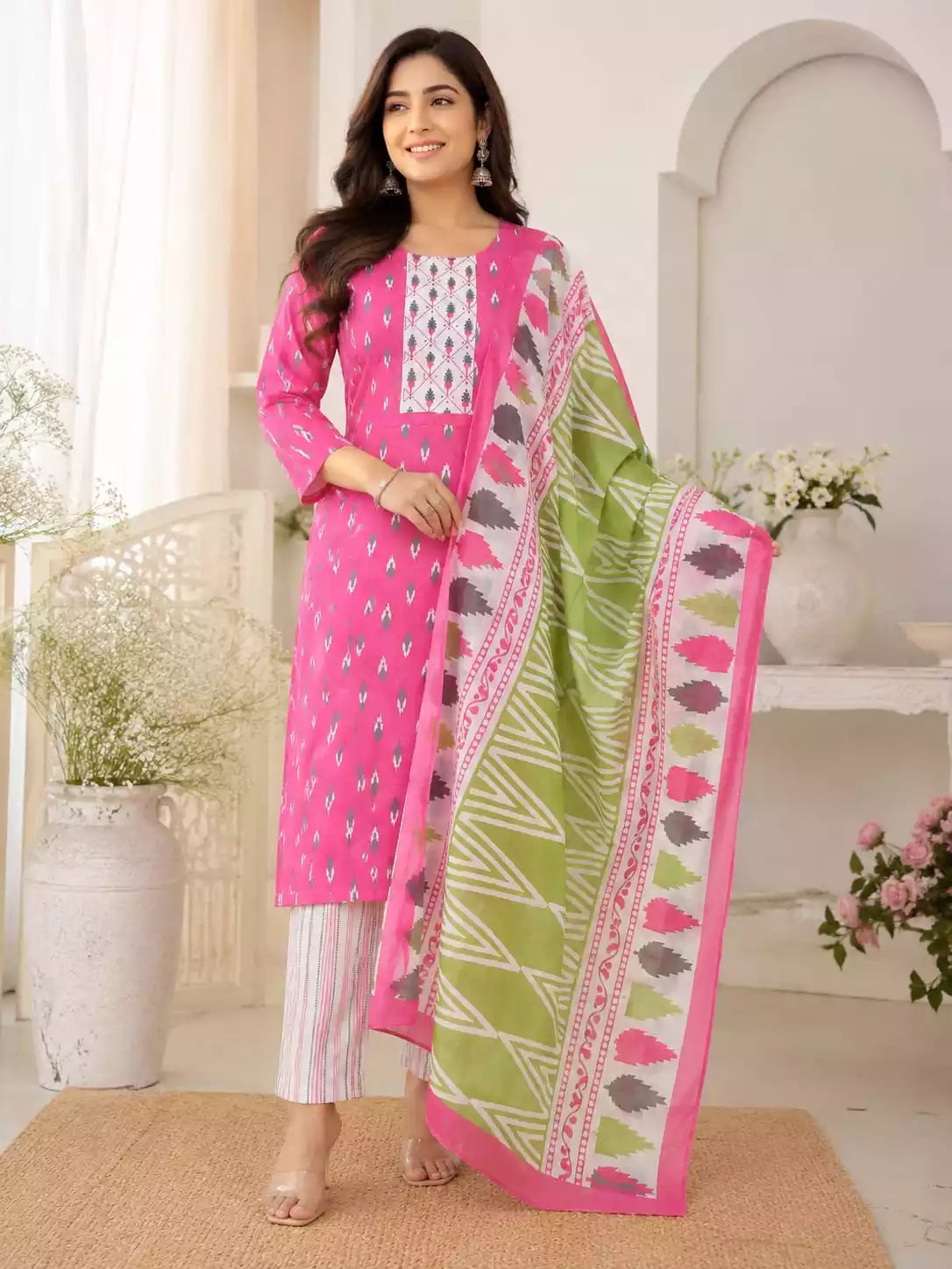 Pink ethnic cotton pant set