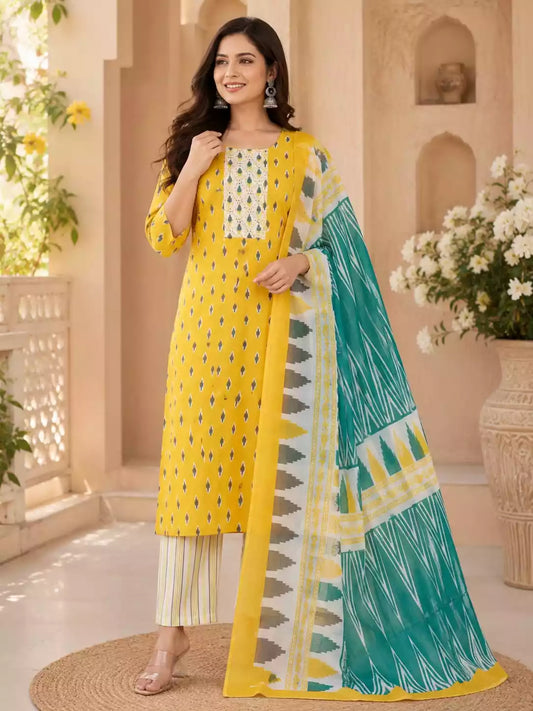 YELLOW printed cotton striped pant set