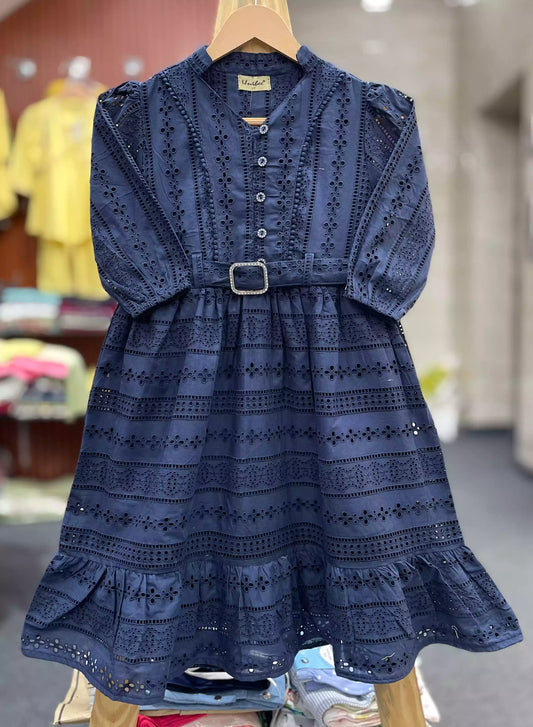 GIRLS WEAR COTTON CHIKENKARI CUT DANA WORK FROCK WITH BELT AND COTTON INNER