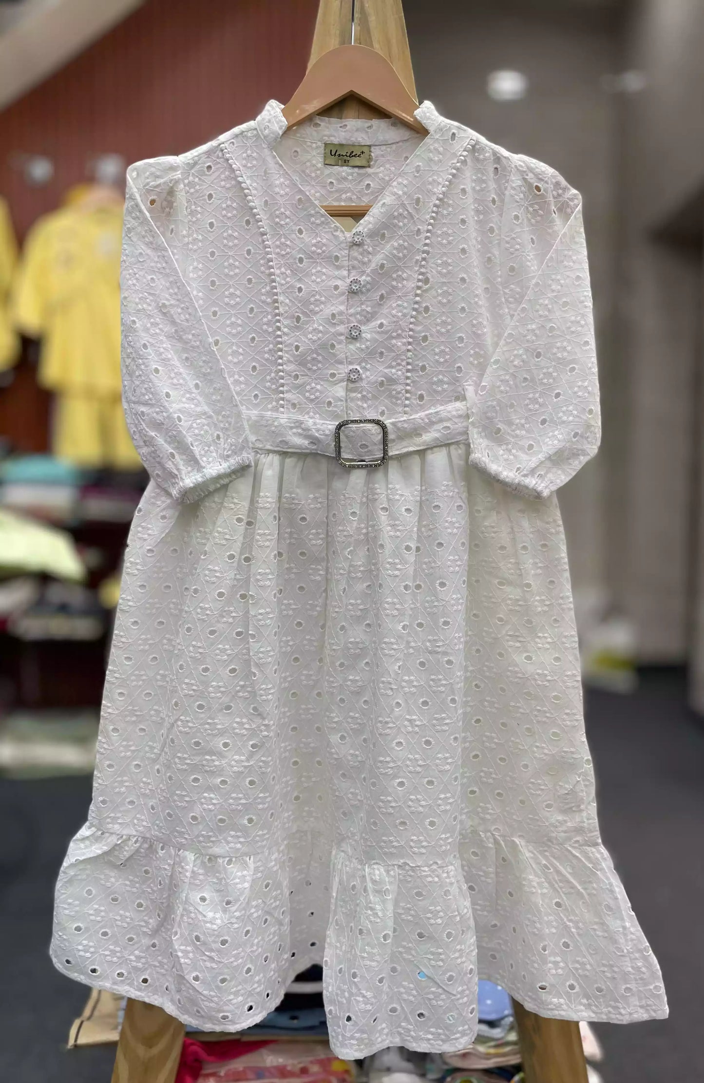 GIRLS WEAR COTTON CHIKENKARI CUT DANA WORK FROCK WITH BELT AND COTTON INNER