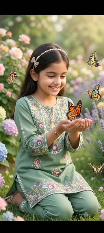 Girls Premium Rayon Embroidered Co-Ord Set by ASC - Olive Green