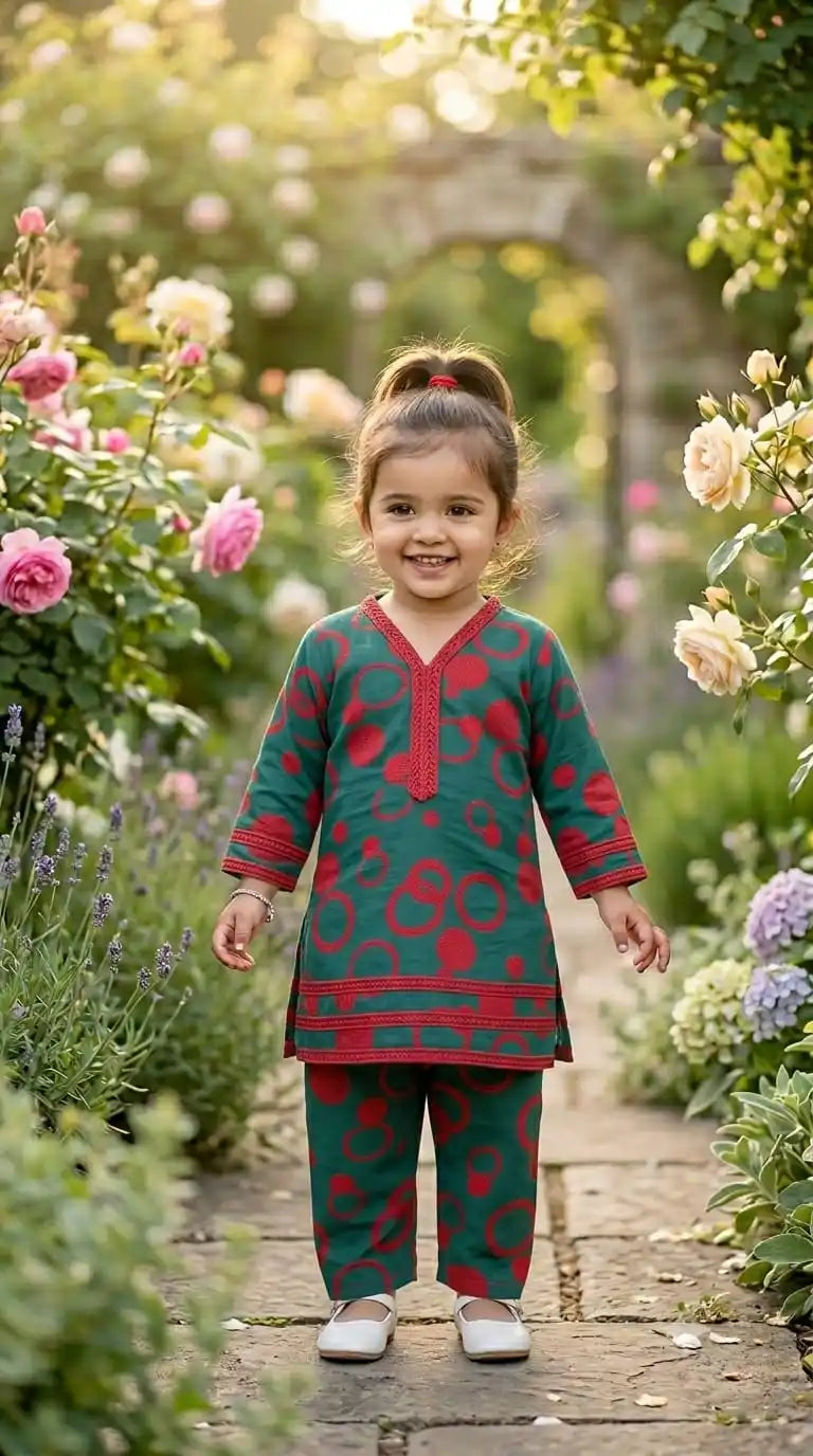 Green Red Motif Karachi Lace Set