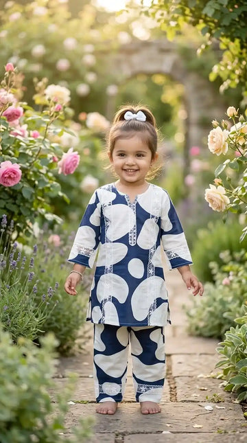 Navy Circle Print Karachi Lace Co-Ord Set by ASC