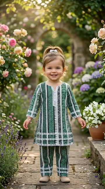 Green White Pattern Karachi Lace Co-Ord Set by ASC