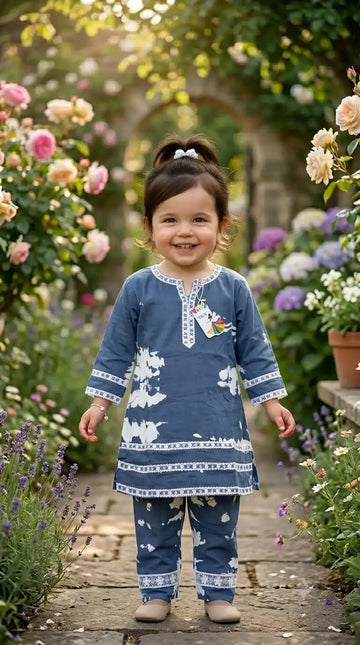 Blue White Pattern Karachi Lace Co-Ord Set by ASC