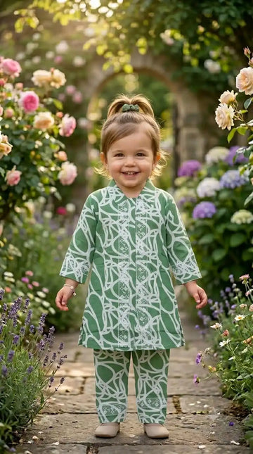 Green Abstract Print Karachi Lace Set by ASC