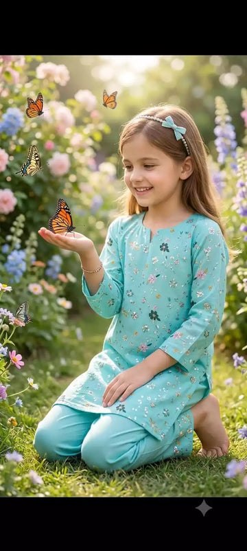 Girls Vibrant Teal Rayon Embroidered Co-Ord Set by ASC