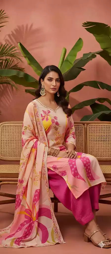 Readymade Pure Maslin  Pakistani Print With Embroidery, Maslin Dupatta, Rayon Pant
