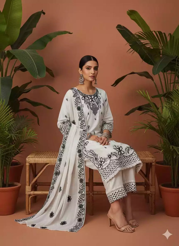 Readymade Rayon Karachi Embroidered Suit Part Wear With Comfortable Pant, Maslin Digital Print Dupatta