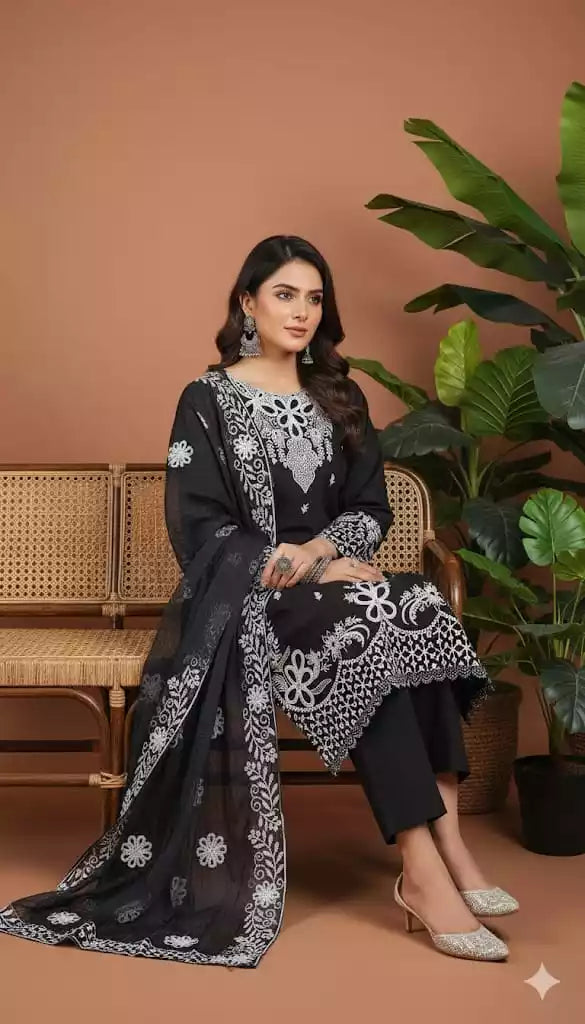 Readymade Rayon Karachi Embroidered Suit Part Wear With Comfortable Pant, Maslin Digital Print Dupatta