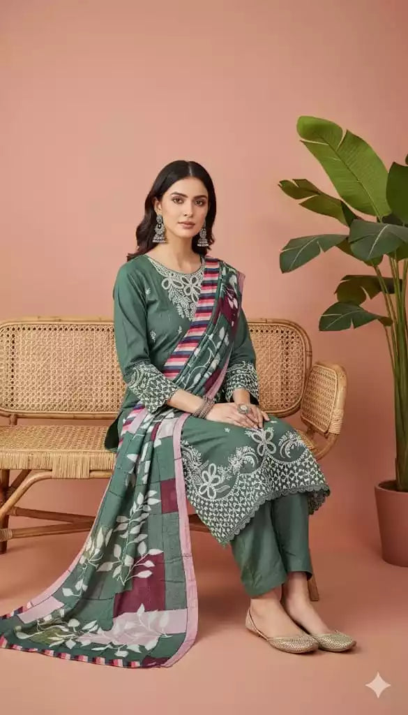 Readymade Rayon Karachi Embroidered Suit Part Wear With Comfortable Pant, Maslin Digital Print Dupatta