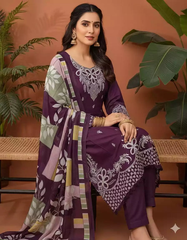 Readymade Rayon Karachi Embroidered Suit Part Wear With Comfortable Pant, Maslin Dupatta
