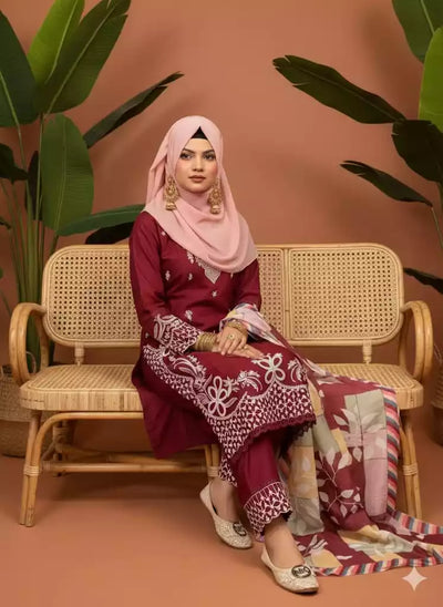 Embroidered rayon suit with pant, model wearing a maroon attire with digital print dupatta and pink hijab, stylish summer outfit.
