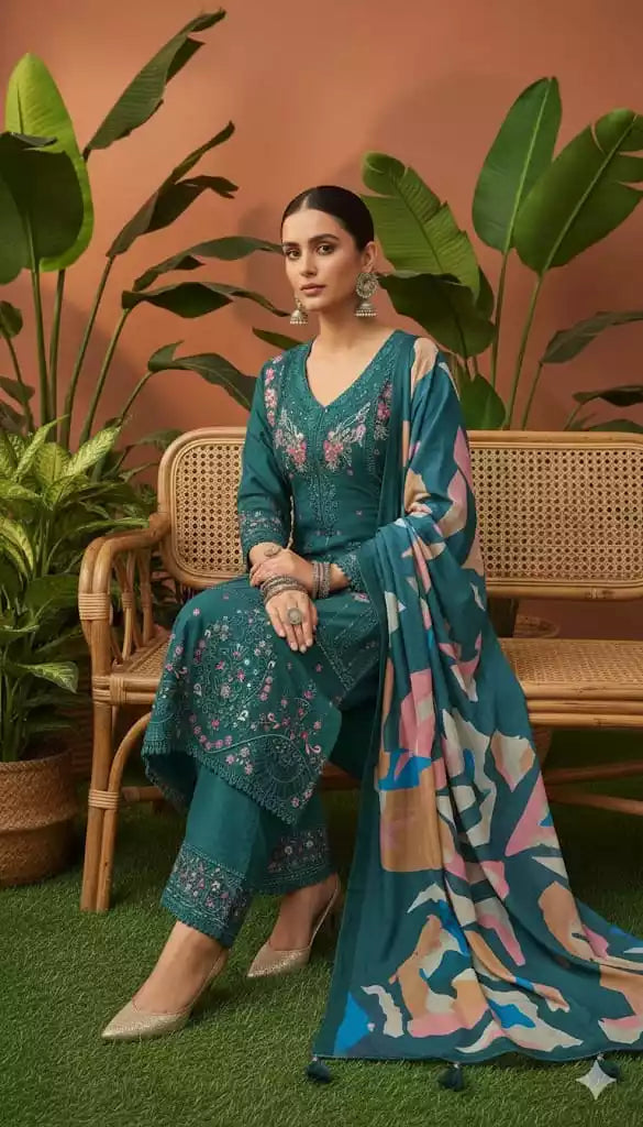 Readymade Rayon Karachi Embroidered Suit Part Wear With Comfortable Pant, Maslin Digital Print Dupatta