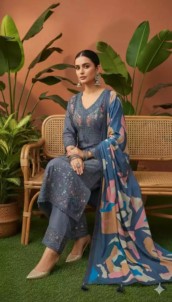 Readymade Rayon Karachi Embroidered Suit Part Wear With Comfortable Pant, Maslin Digital Print Dupatta