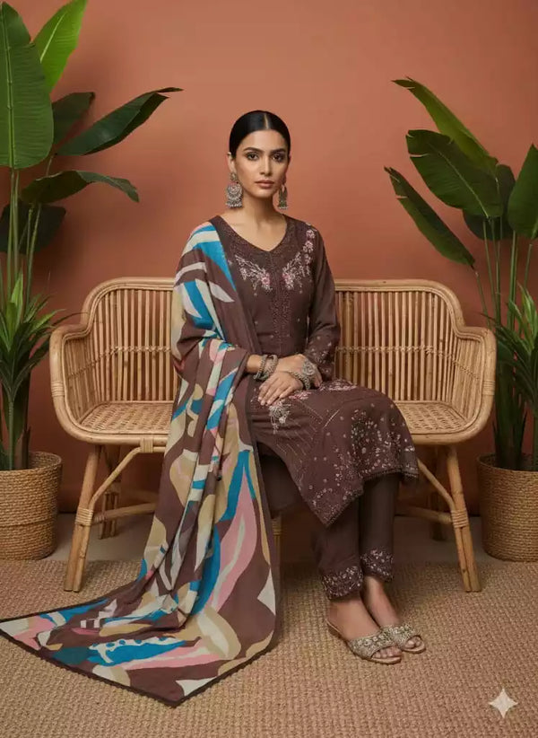 Readymade Rayon Karachi Embroidered Suit Part Wear With Comfortable Pant, Maslin Digital Print Dupatta