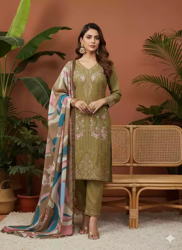 Readymade Rayon Karachi Embroidered Suit Part Wear With Comfortable Pant, Maslin Digital Print Dupatta