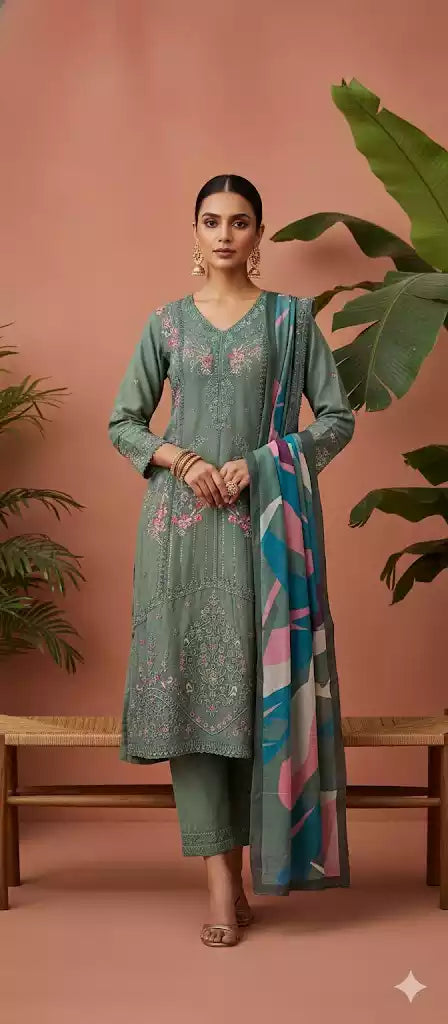 Readymade Rayon Karachi Embroidered Suit Part Wear With Comfortable Pant, Maslin Digital Print Dupatta