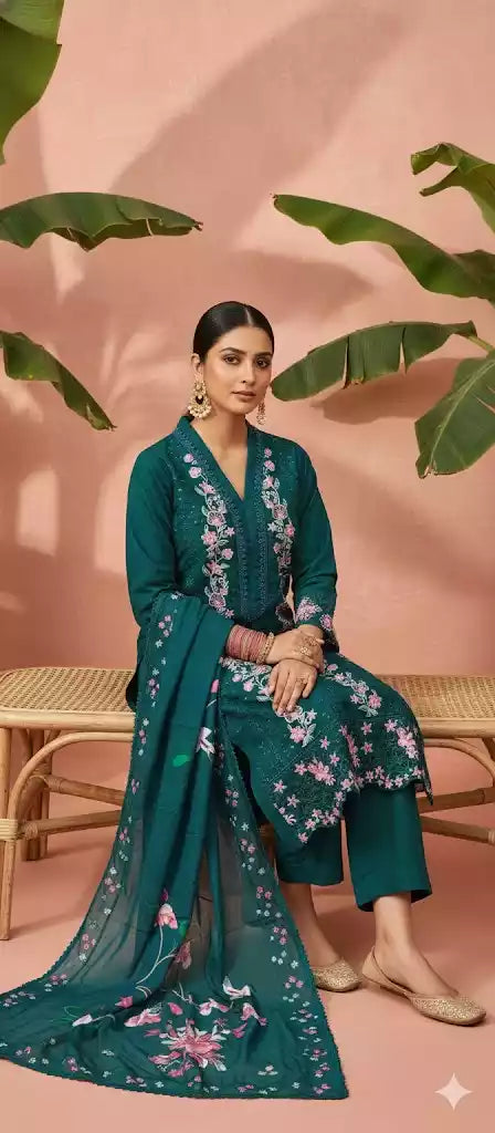 Readymade Rayon Karachi Embroidered Suit Part Wear With Comfortable Pant, Maslin Digital Print Dupatta