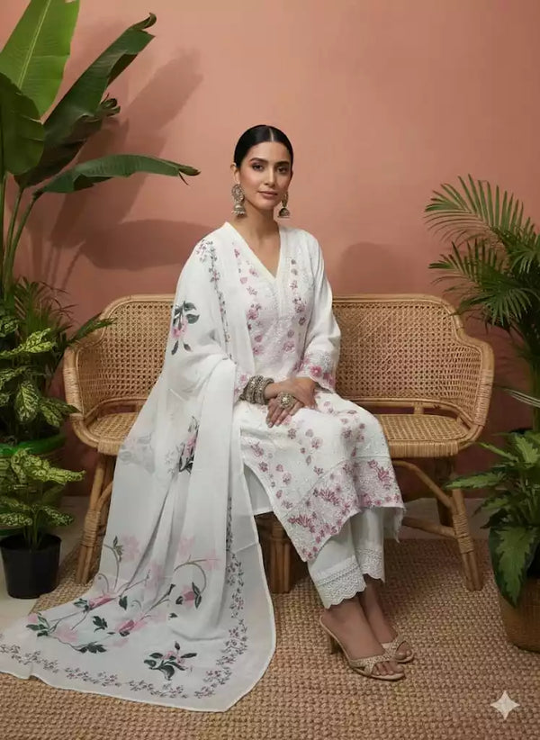 Readymade Rayon Karachi Embroidered Suit Part Wear With Comfortable Pant, Maslin Digital Print Dupatta