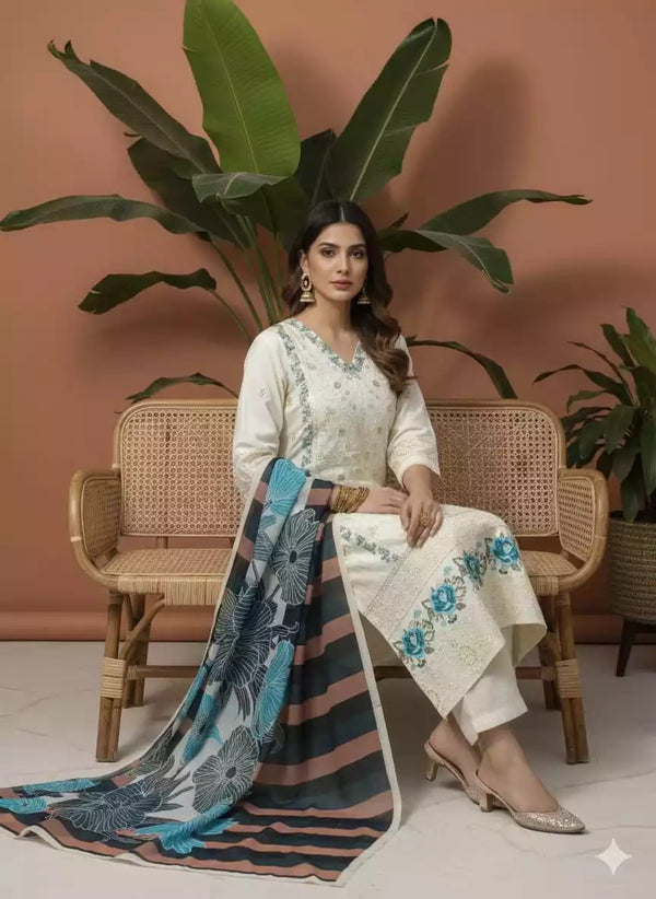 Readymade Rayon Karachi Embroidered Suit Part Wear With Comfortable Pant, Maslin Digital Print Dupatta
