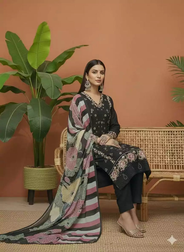 Readymade Rayon Karachi Embroidered Suit Part Wear With Comfortable Pant, Maslin Digital Print Dupatta