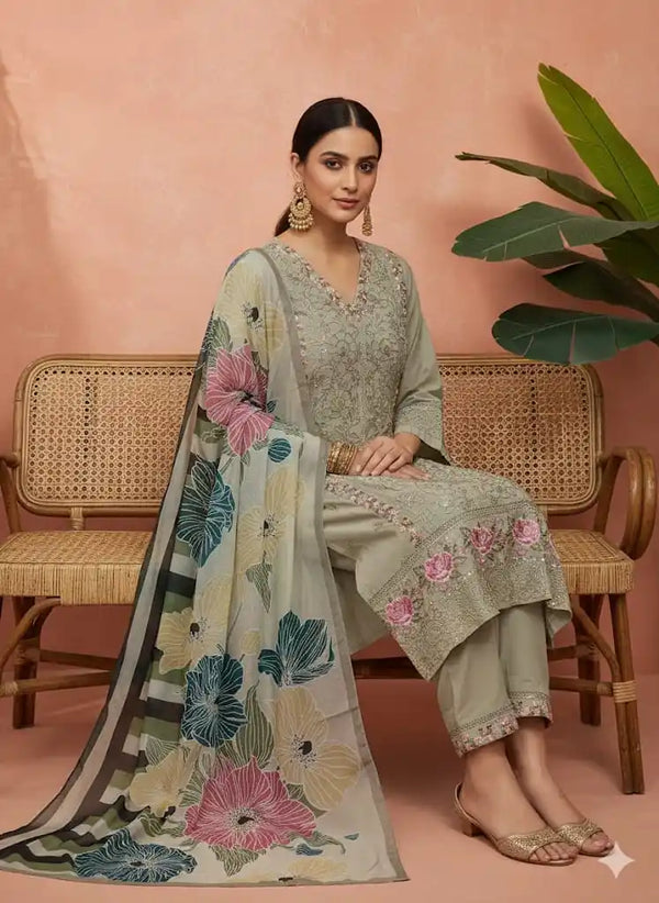 Readymade Rayon Karachi Embroidered Suit Part Wear With Comfortable Pant, Maslin Digital Print Dupatta