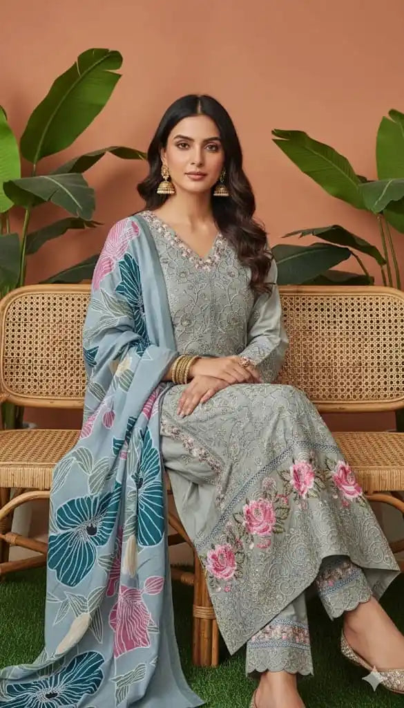 Readymade Rayon Karachi Embroidered Suit Part Wear With Comfortable Pant, Maslin Digital Print Dupatta