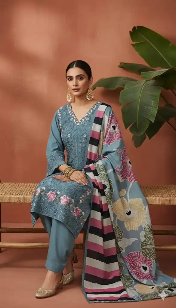 Readymade Rayon Karachi Embroidered Suit Part Wear With Comfortable Pant, Maslin Digital Print Dupatta Slate Grey