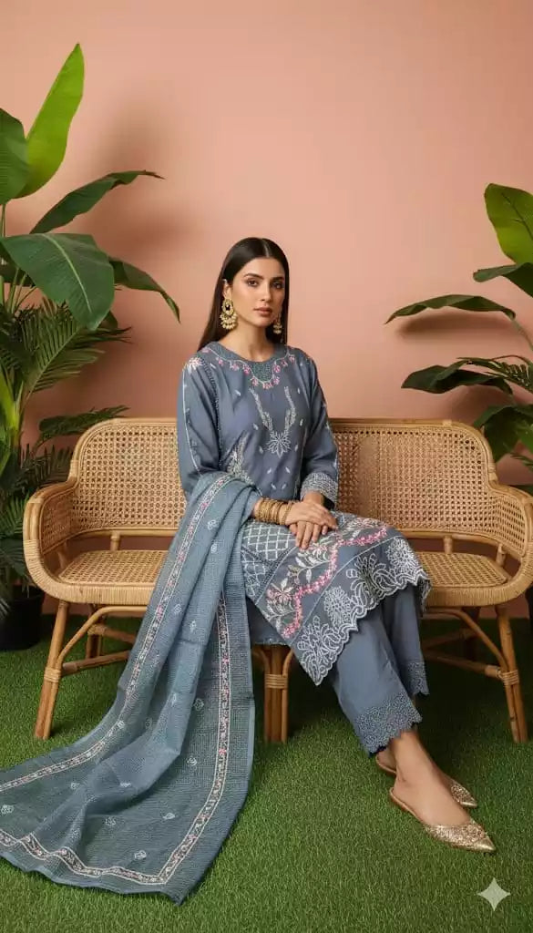 Readymade Rayon Karachi Embroidered Suit Part Wear With Comfortable Pant, Maslin Digital Print Dupatta