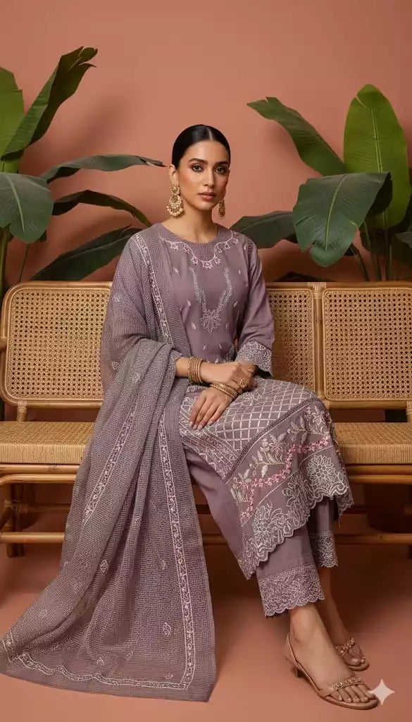 Readymade Rayon Karachi Embroidered Suit Part Wear With Comfortable Pant, Maslin Digital Print Dupatta