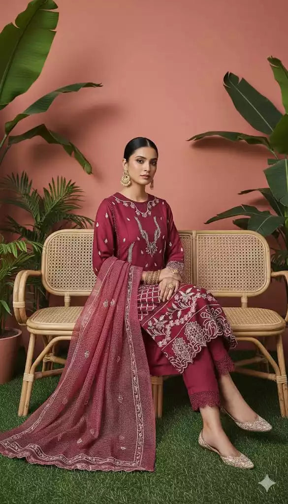 Readymade Rayon Karachi Embroidered Suit Part Wear With Comfortable Pant, Maslin Digital Print Dupatta