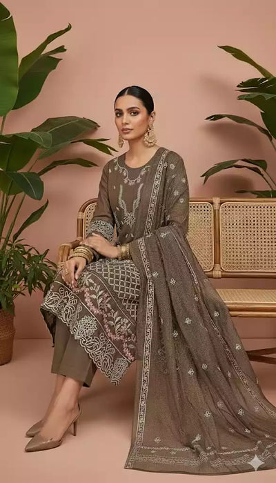 Women in a stylish rayon embroidered designer suit with maslin digital print dupatta, perfect for festive occasions.