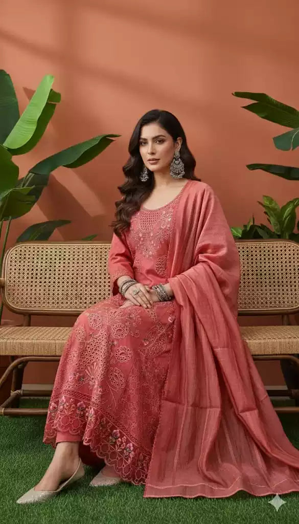 Readymade Rayon Karachi Embroidered Suit Part Wear With Comfortable Pant, Maslin Dupatta
