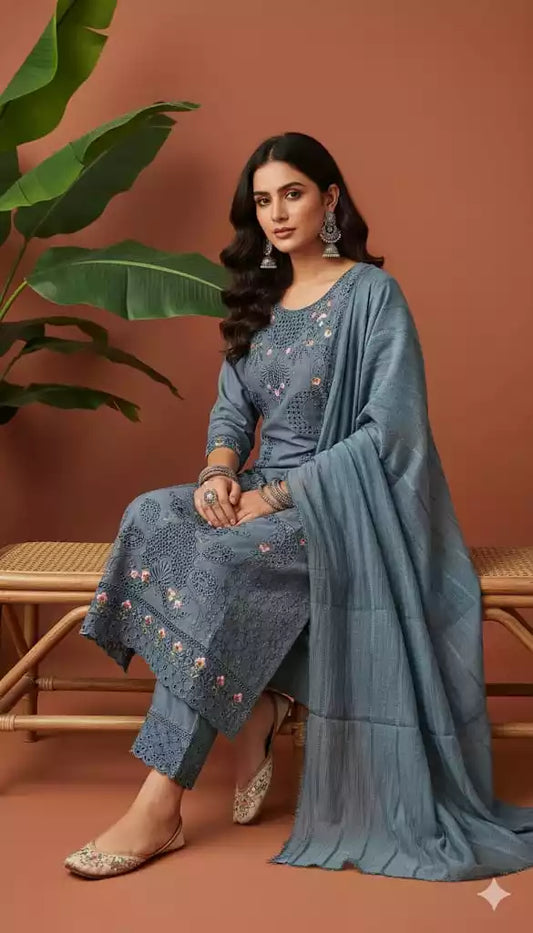 Readymade Rayon Karachi Embroidered Suit Part Wear With Comfortable Pant, Maslin Dupatta