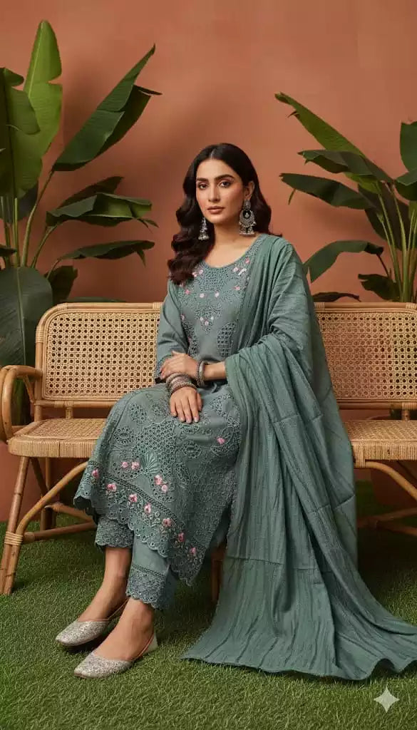Readymade Rayon Karachi Embroidered Suit Part Wear With Comfortable Pant, Maslin Dupatta