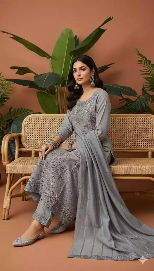 Readymade Rayon Karachi Embroidered Suit Part Wear With Comfortable Pant, Maslin Dupatta