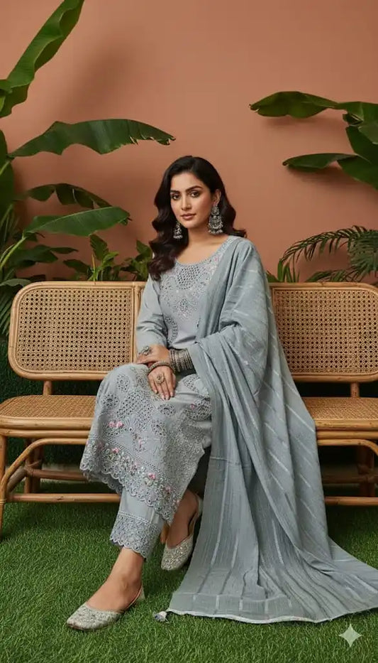 Readymade Rayon Karachi Embroidered Suit Part Wear With Comfortable Pant, Maslin Dupatta