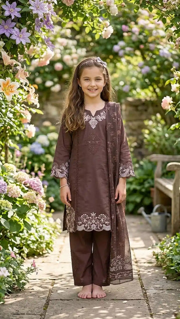 Dark Brown Girls Embroidered Rayon 3pc Suit ASC Fashion Store
