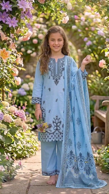 Sky Blue Girls Embroidered Rayon 3pc Suit Set ASC Fashion Store