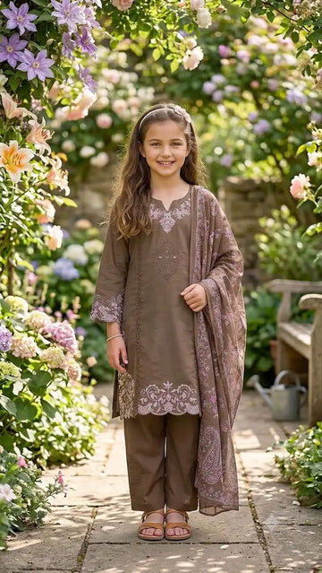Coffee Brown Girls Embroidered 3pc Ethnic Suit ASC Fashion Store