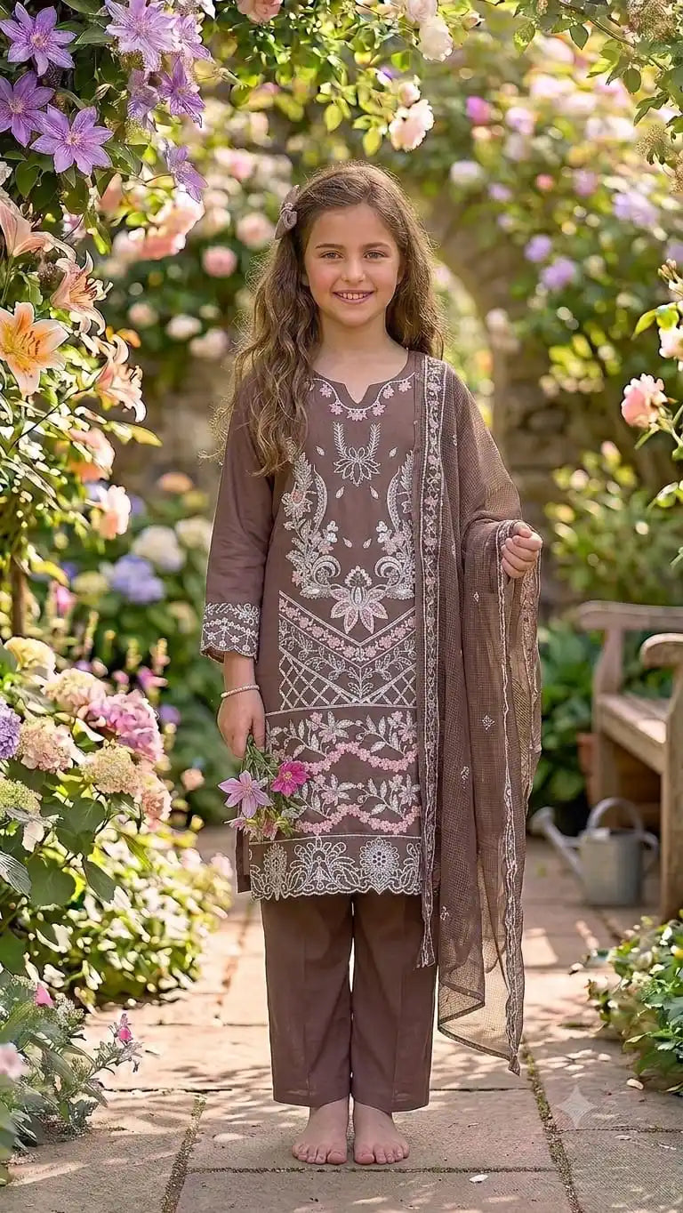 Kids traditional wear earthy brown embroidered rayon 3-piece suit with intricate front patterns by ASC Fashion Store.