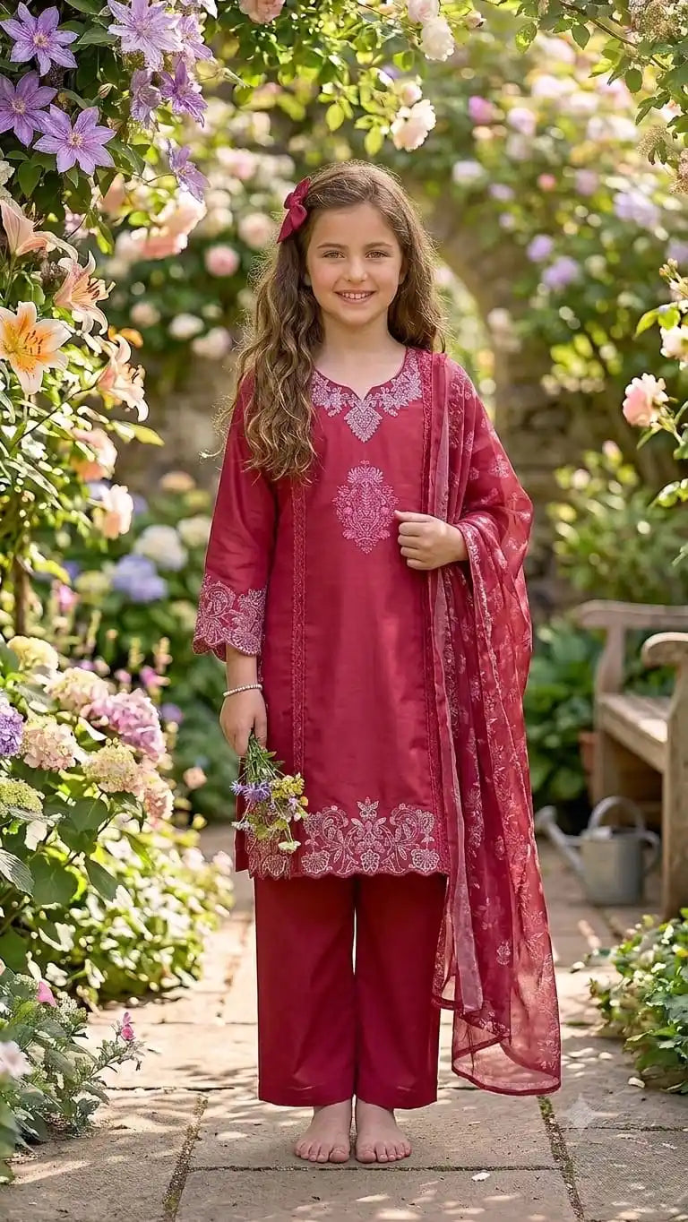 Festive royal maroon embroidered rayon 3-piece salwar kameez suit for kids by ASC Fashion Store