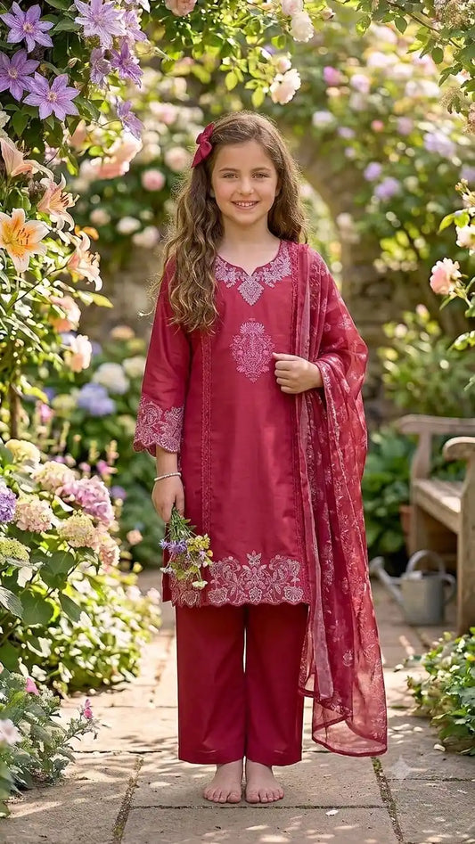 Festive royal maroon embroidered rayon 3-piece salwar kameez suit for kids by ASC Fashion Store