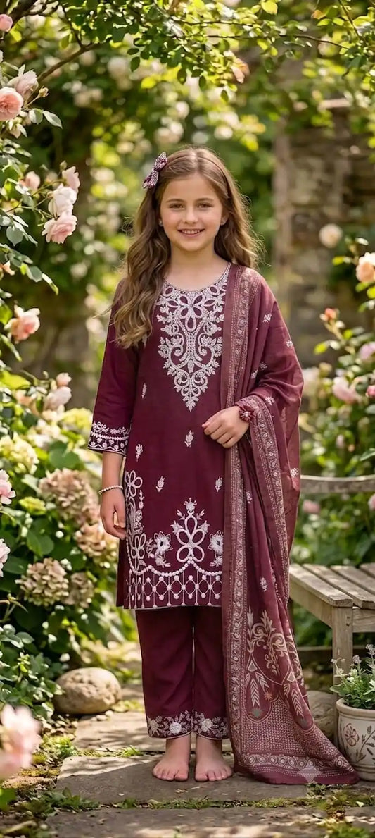 Premium deep wine color girls rayon 3-piece suit with detailed white floral embroidery by ASC Fashion Store.