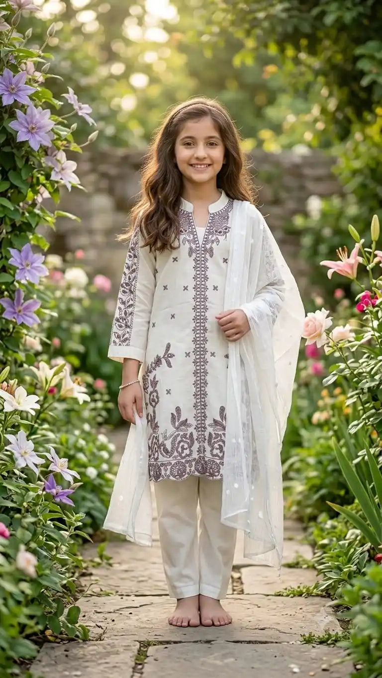 Elegant off-white girls rayon 3-piece ethnic suit set with contrast border embroidery from ASC Fashion Store.